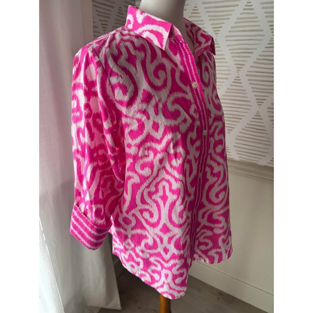 Gretchen Scott Women’s Large Pink Arabesque Ikat Print Boyfriend Shirt - Picture 6 of 8